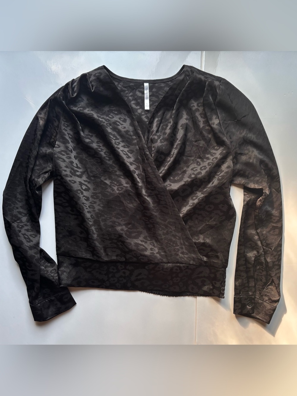 DNA couture satin leopard embossed black wrap top v neck draped blouse office